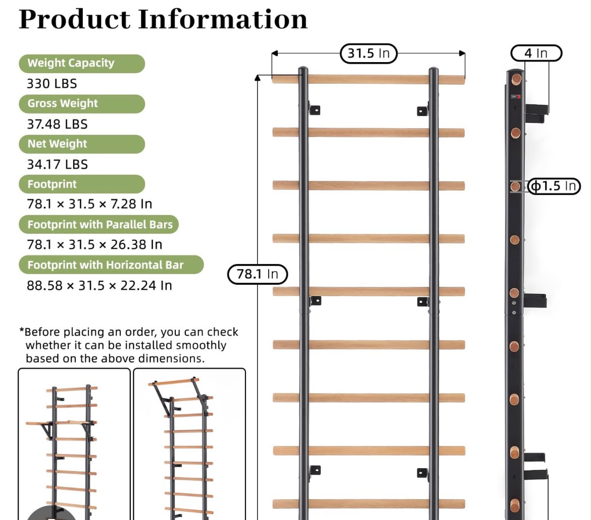 Wall bars product information: 150 kg capacity, 198 x 80 x 18.5 cm footprint, dimensions with parallel bars and pull-up bar