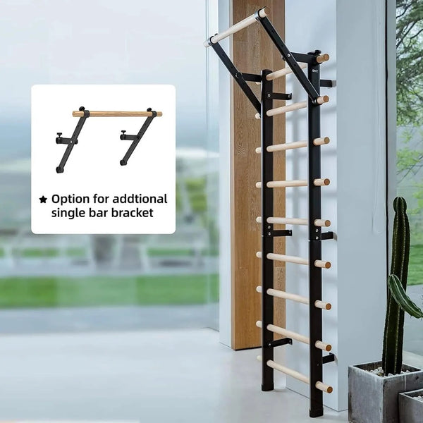 365 Flips wall bars (Swedish ladder) with pull-up bar attachment and optional single bar bracket
